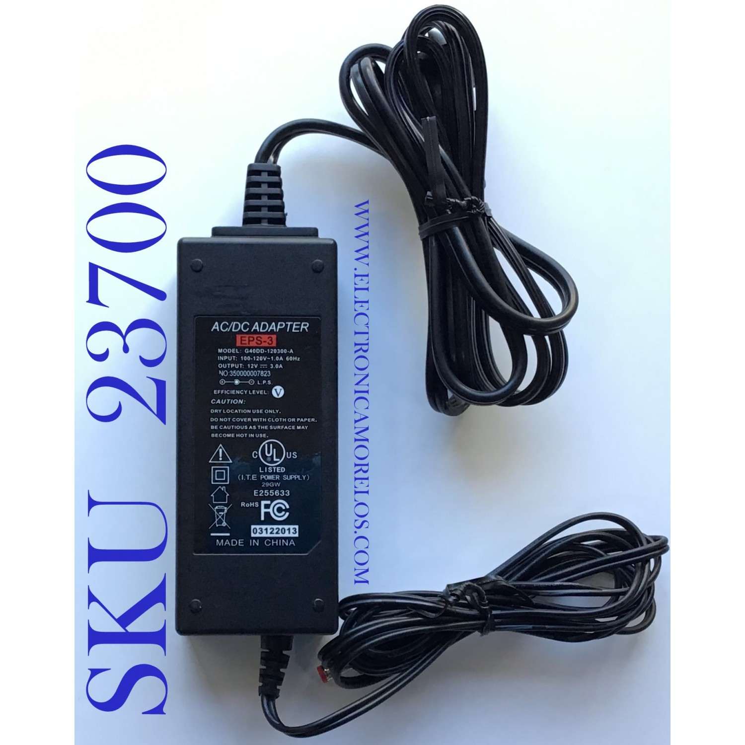 ADAPTADOR AC/DC ADAPTER  EPS-3 / G40DD-120300-A / NO: 350000007823 /  ENTRADA VCA 100-120V /  SALIDA VCD 12V - 3.0A / 60Hz / EPS-3 / MODELO G40DD-120300-A 	